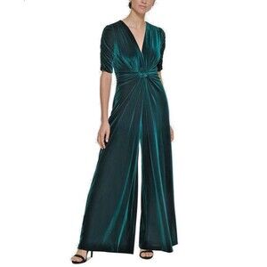 Vince Camuto Womens Velvet Twist-Front Jumpsuit Wide Legs Velour Hunter Green 14